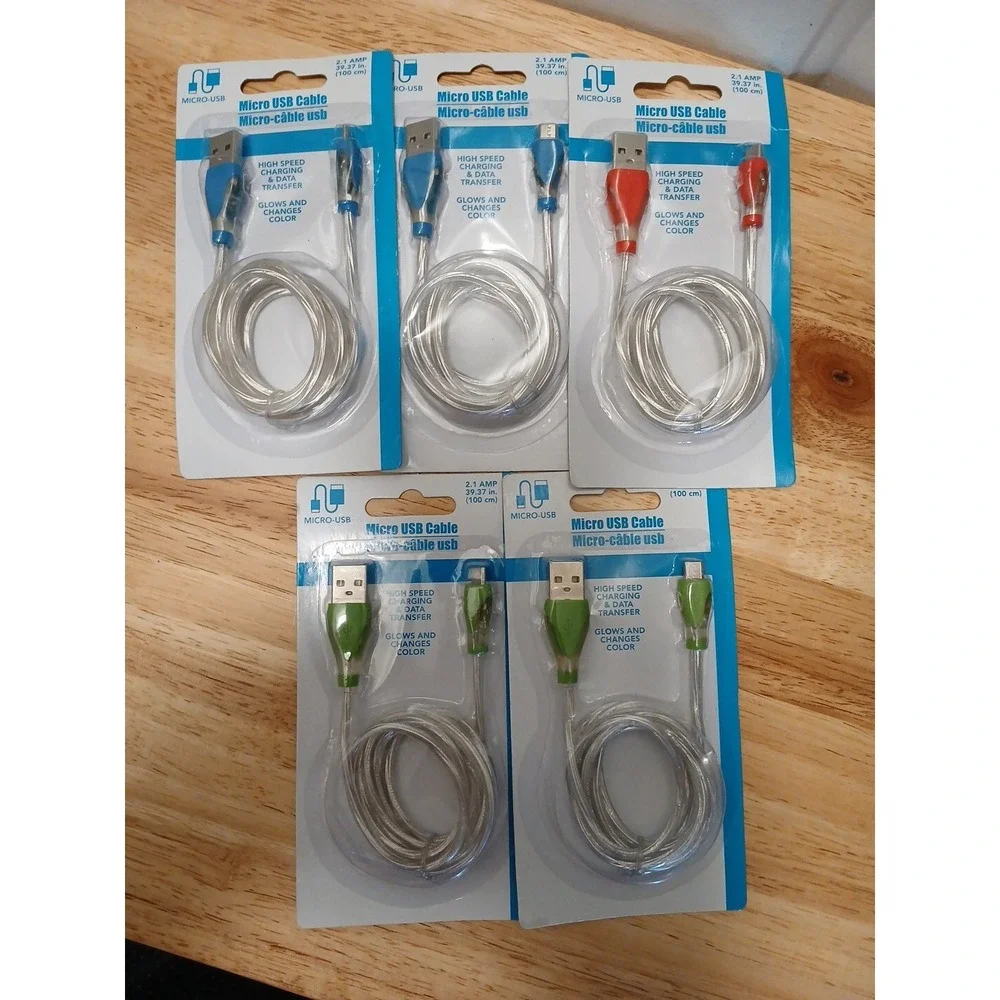 Micro USB Cable Glow In the Dark Color Changing Set Of 5 Red Blue Green
